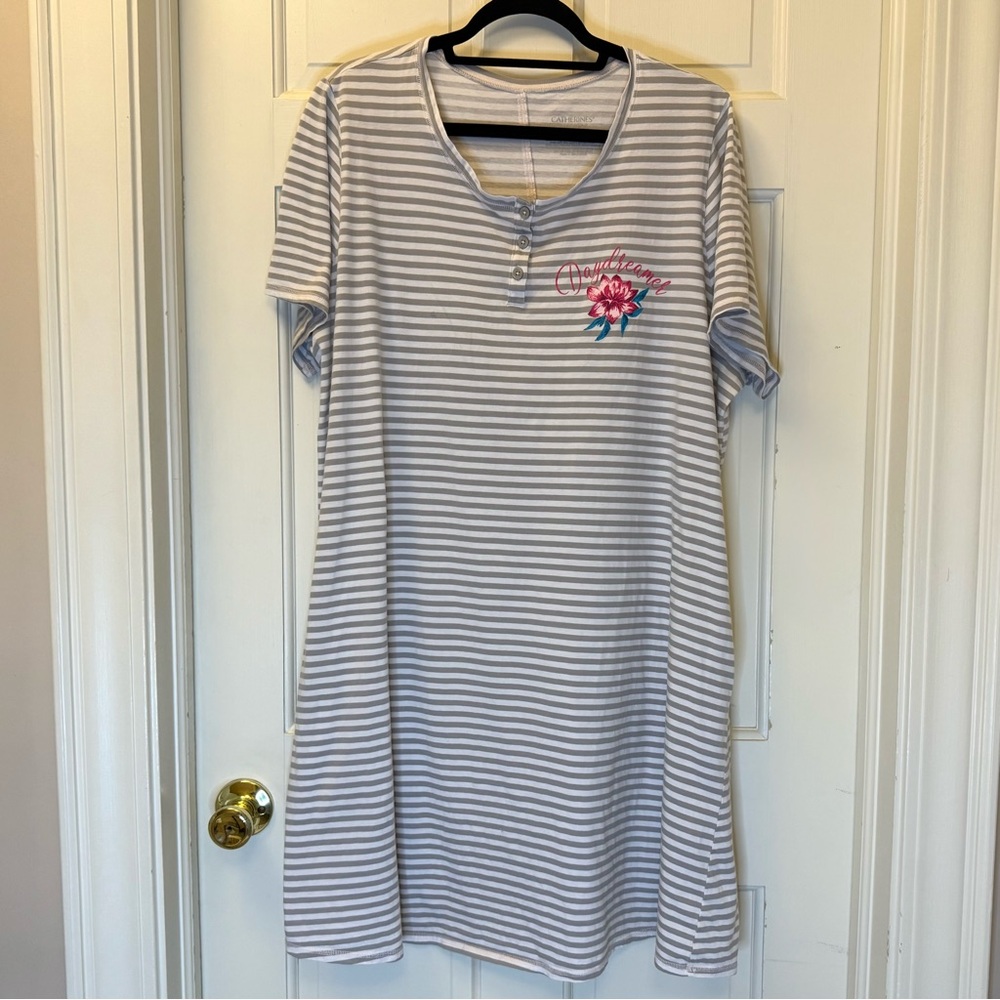Catherines Beige and Gray Striped Cotton Nightshirt Size 1X